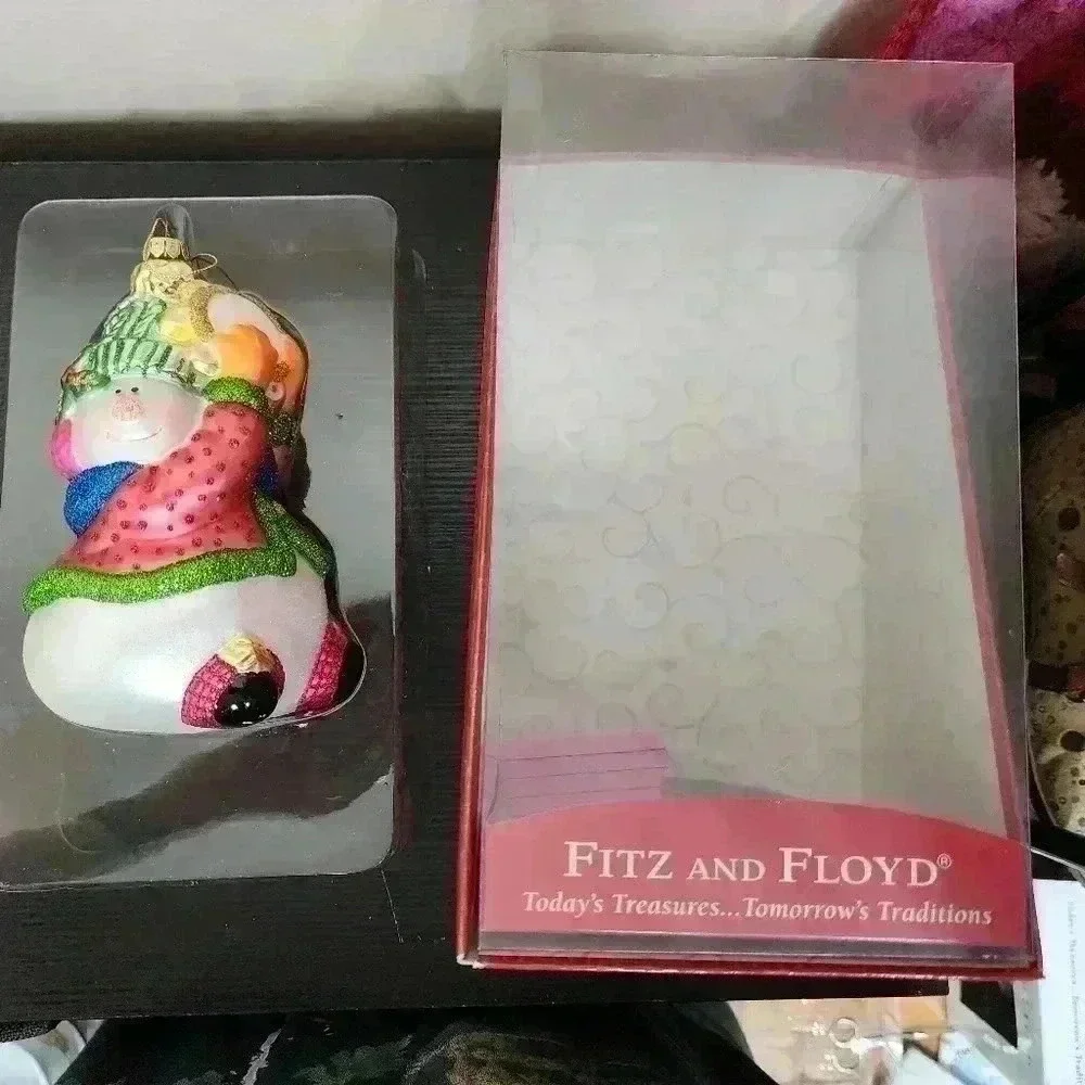 FITZ & FLOYD Glass Christmas Ornament Holiday Snowman Tambourine Snow w/ Box